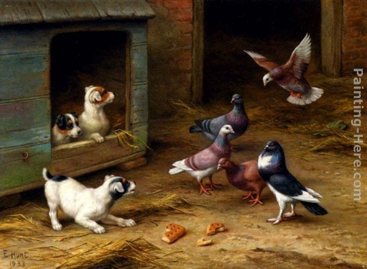Edgar Hunt Puppies and Pigeons playing by a Kennel